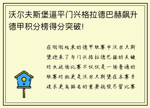 沃尔夫斯堡逼平门兴格拉德巴赫飙升德甲积分榜得分突破!